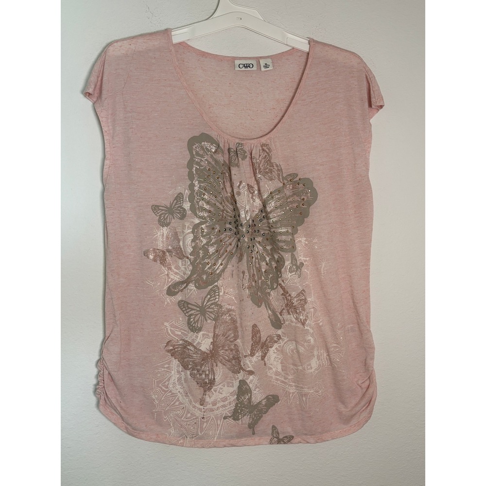 Cato Pink Butterfly Graphic Top Rhinestone Ruched Side Short Sleeve XL